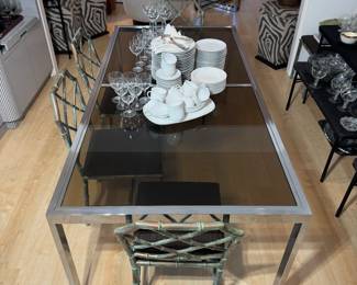 1970's chrome/smoked glass expandable Dining Table with 2 leaves.