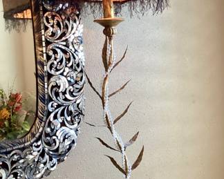 Hollywood Regency Lamp Tall Twisted Stem Tole Leaf Beaded Table Lamp