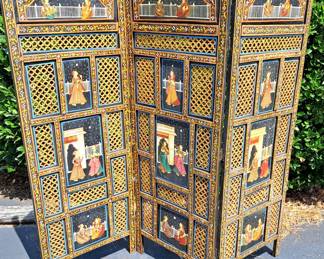 RARE INDIAN POLYCHROME 3 PANEL WOOD FOLDING SCREEN