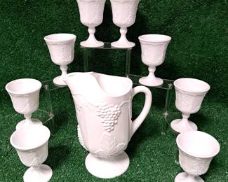 WHITE MILK GLASS COBLETS & PITCHER