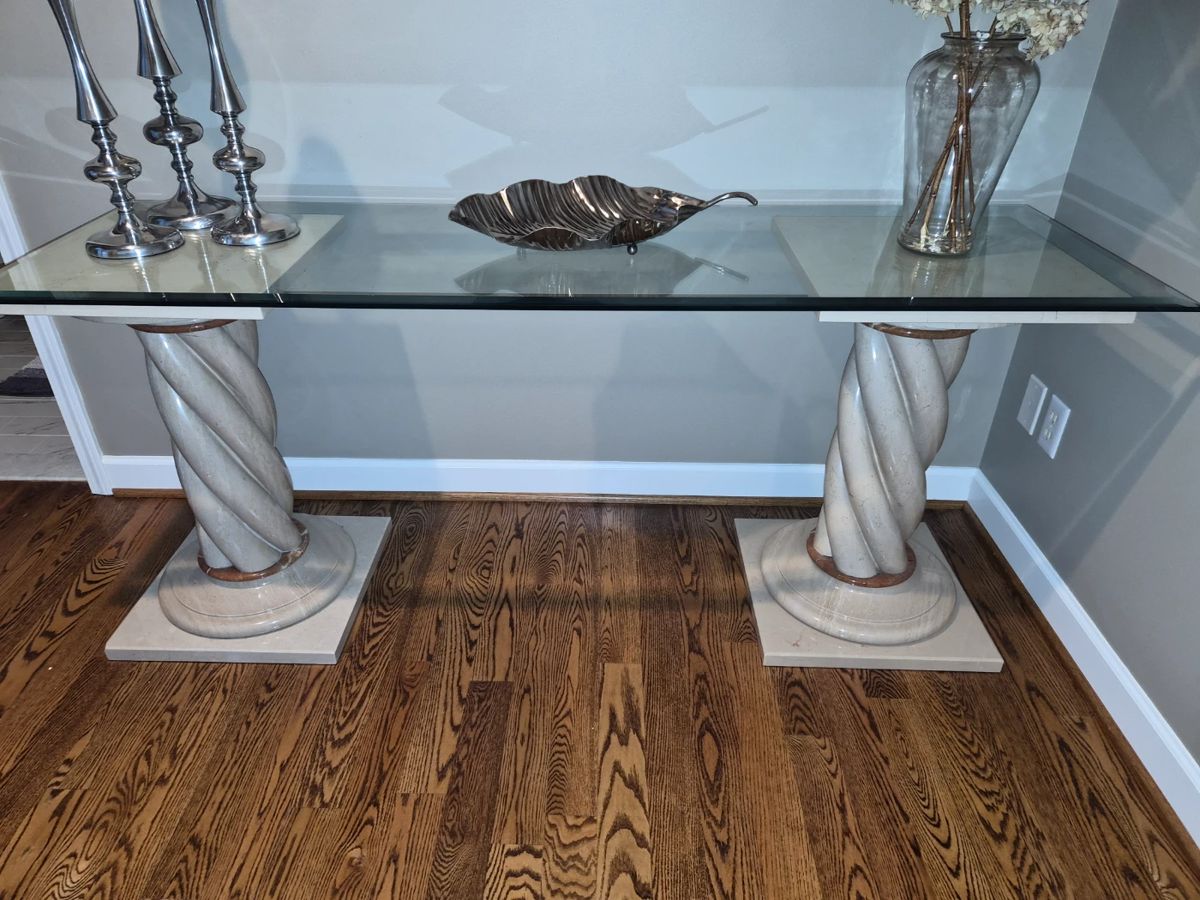 Italian marble pedestal table with beveled glass top