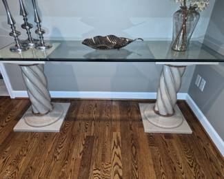 Italian marble pedestal table with beveled glass top