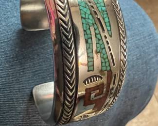 Tommy Singer style Navajo silver cuff bracelet.  Chip turquoise and  coral inlay.