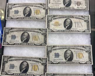 $20 1929 NY Brown Seal, $10 Gold certificate, North Africa $10 Silver Certificates
