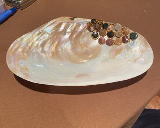Large river clam shell polished and embedded with semi-precious stones