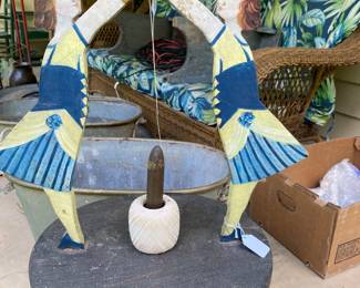 Antique folk art “Dutch girls” spool stand 