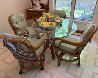 RATTAN BENTWOOD CHAIRS AND GLASS TOP TABLE SET