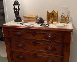 ANTIQUE WALNUT DRESSER WITH CARVED HANDLES 