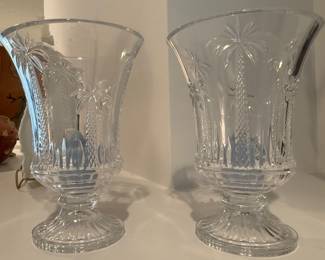 PAIR GODINGER SHANNON GLASS PALM TREE HURRICANE VASES 