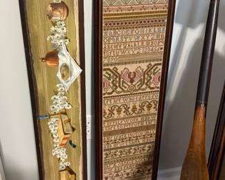 PAINTED YARD LONG PICTURE AND LARGE HAND STITCHED SAMPLER