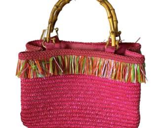 Hot Pink Woven Purse wBamboo Handles