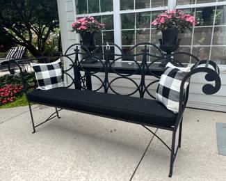 These two pieces are a top quality forged steel bench with weather resistant cushion and  the marble top console table behind it came from shops in South Carolina and Chicago. Bench is roughly 7 1/2 feet wide and the console is about 6 feet long.