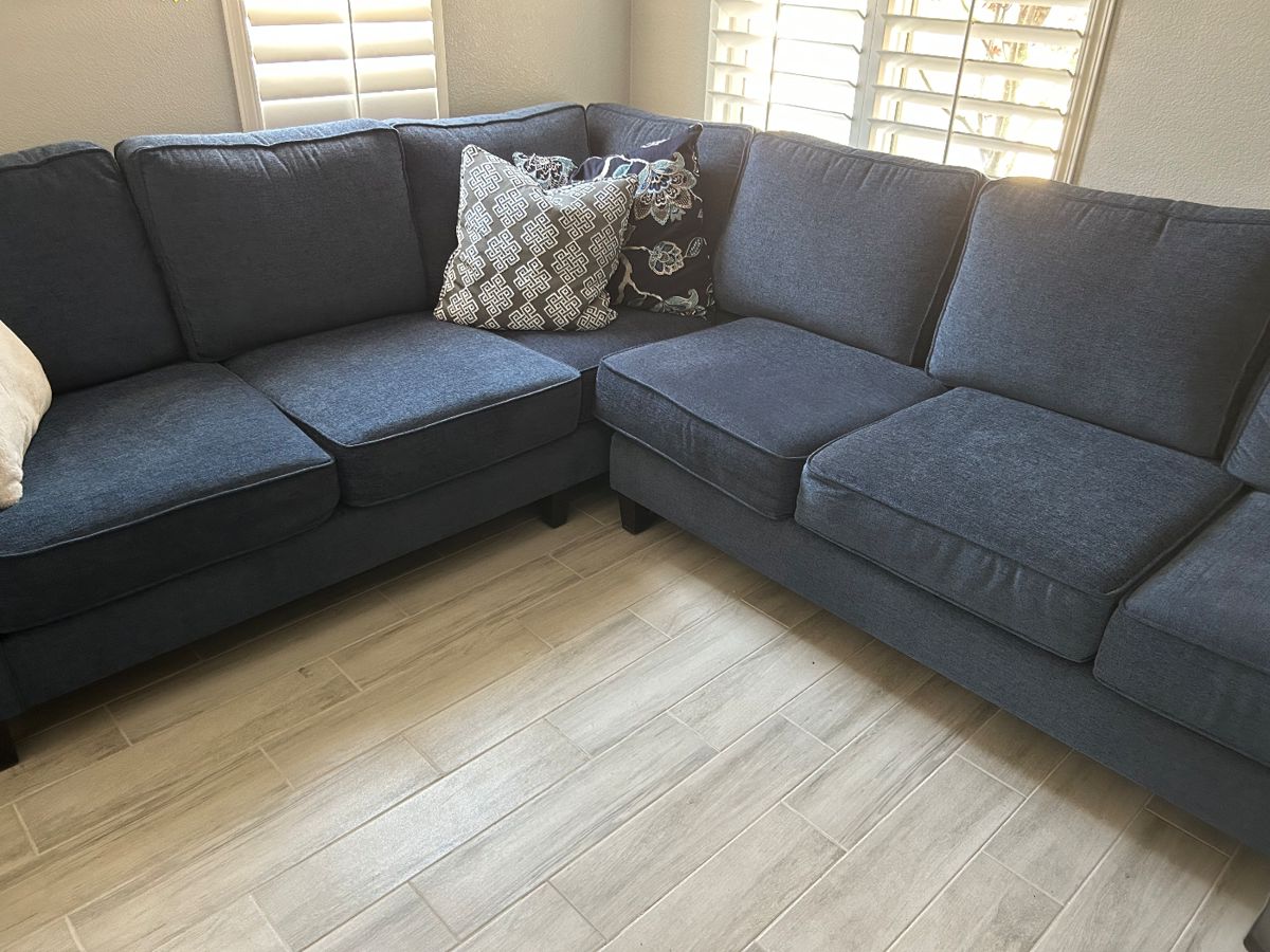 9ft by 8ft blue "like new" couch sectional with pillows