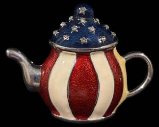 Patriotic Teapot Enamel Silver Tone Pin