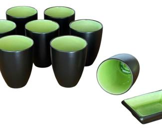 8 NEW Black Green Tall Tea Cup  Tray