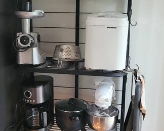 Metal baker's rack. Food processor, bread maker, Kitchen Aid mixer, coffee maker, etc. Nice kitchen appliances