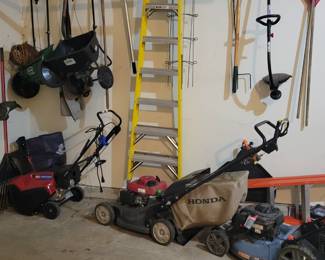 Push lawn mowers, snow blower, seed spreaders, weed whips, ladders, etc.