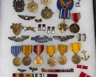 Medals, insignias, British cap badges, wings, shooting awards, ribbons and more