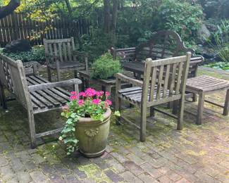 OUT IN THE GARDEN...winner of St Louis Post Dispatch Garden of the Year...English Teak? Seating and Tables