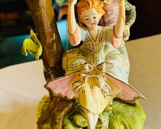 Antique Italian Capodimonte Porcelain Boy Girl on Swing Large Figurine 