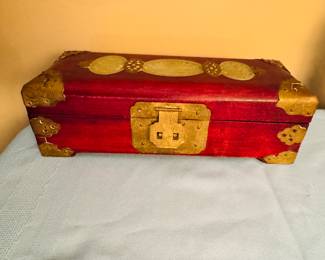 Vintage Chinese Wood Jewelry Box Carved Jade Inlay w/brass Shanghai China