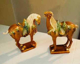 Set of 2 Chinese Tang Style Sancei Drip Glaze War Horses