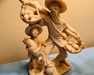 Asian Carved Resin Fisherman Figurine Man & Child 7" Tall