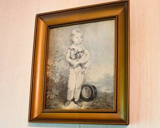 Vintage Framed Print, James Alexander Simpson - When a Boy, Portrait of Little Boy with Puppy Dog wearing Victorian Clothing, 