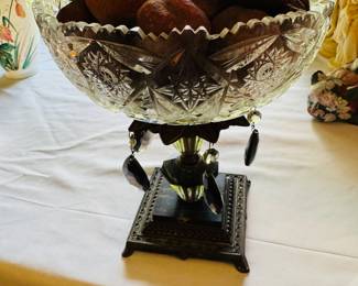 Vtg Footed Pedestal Compote/Centerpiece w Hanging Crystals