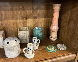 Assorted Marble Items - Colonial Williamsburg Pottery Salt Glazed Candlestick Holders - Masonic Daughters of the Nile Emblem Badge - Masonic Badge