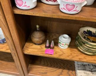 Woven Wicker Demijohn Glass Wine Bottle - Salt & Pepper Shakers - L Tremain Butter Bell Crock