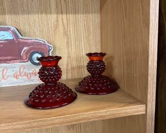 Fenton Ruby Red Hobnail Candlestick Holders