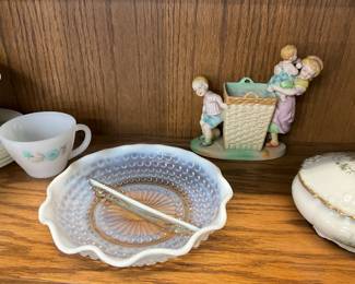 Fenton Moonstone Opalescent Hobnail Divided Dish - Ardalt Lenwile Bisque Porcelain Figurine