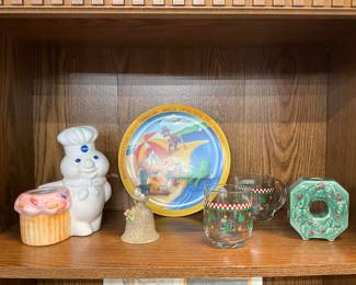 Pillsbury Doughboy 1997 Ceramic Utensil Holder - McDonalds 1989 Melamine Plate - Towle Bone Chine Blue Bird Bell - Debbie Mumm Christmas Mugs - 1950's Lipper & Mann N"O"EL Wreath Candle Holder