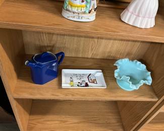 Sadler Hexagon Art Deco Blue Teapot - Novelty Ashtray "Father May I Have the Camel Tonight?" Possibly related to the Camel Cigarette Brand - Fenton Blue Overlay Ruffled Bowl