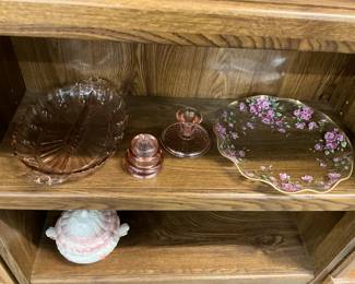 Pink Depression Glass Relish Dish Oyster & Pearl Pattern - Pink Federal Glass Madrid Depression Glass - Pink Glass Candle Holder - Lefton Pink Rose Platter