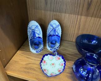 Delft Hand Painted Windmill Wall Sconce Candle Holders - Nippon Porcelain Leaf Shaped Dish