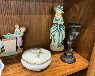 Porcelain Trinket Dish - New Art Wares Chalkware Victorian Woman Figure - Metal Candle Holder