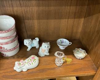 Homco White Kitten Figurines - Avon 1978 Ceramic Pomander Pig Potpourri Holder - Gladstone Teacup - Gorham Lady Anne Crystal Miniature Pitcher