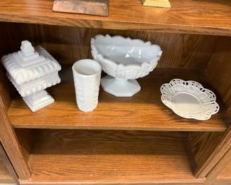 Westmoreland Milk Glass Square Lidded Candy Dish - Westmoreland "Old Quilt" Milk Glass Tumbler - Kemple Milk Glass Quilted Star Sawtooth Edge Compote - 1970's Avon China Plate