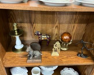 Brass & Opaline Glass Candle Holder - Cast Iron or Bronze Scottie Dog Book End - Leather Covered?? Horse Figure - Metal Figure - Sphere on an Ornate Metal Stand - Abstract Metal Figure/Statue