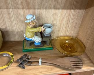 David Frykman "Man With the Potters Wheel" Figurine - Wooden Fork & Spoon Wall Decor w/Zebras - Amber/Yellow Depression Glass Candle Holder