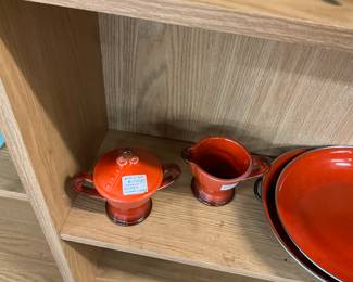 Orange California Pottery Covered Sugar Bowl & Creamer