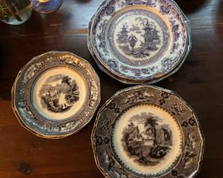 Antique Ironstone Plates with Transfereware Patterns
