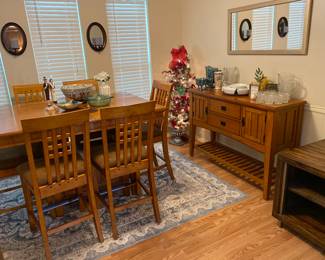 Haverty’s Arts & Craft or Mission style dining set. Bar height table & chairs & server in excellent condition. Classic details!
