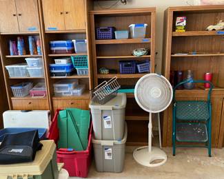 Bookshelves, storage cabinets, plastic storage bins, storage containers,