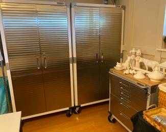 White metal and chrome metal storage cabinets! Great inside - very classic and perfect in your garage as well for a nice clean look