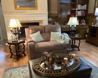 Suede adjustable love seat , pair of round side tables with beautiful details, Beautiful lamps!!
