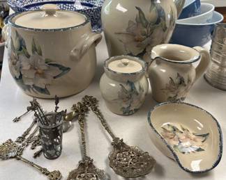 Home & Garden Party Magnolia Stoneware Set; Montagnani Brass Serving Set