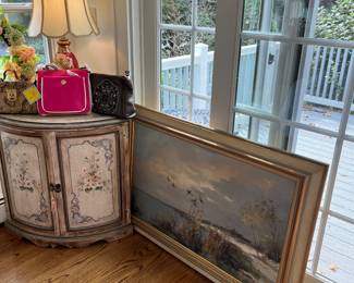 Beautiful, serene beach picture … and painted corner cabinet..